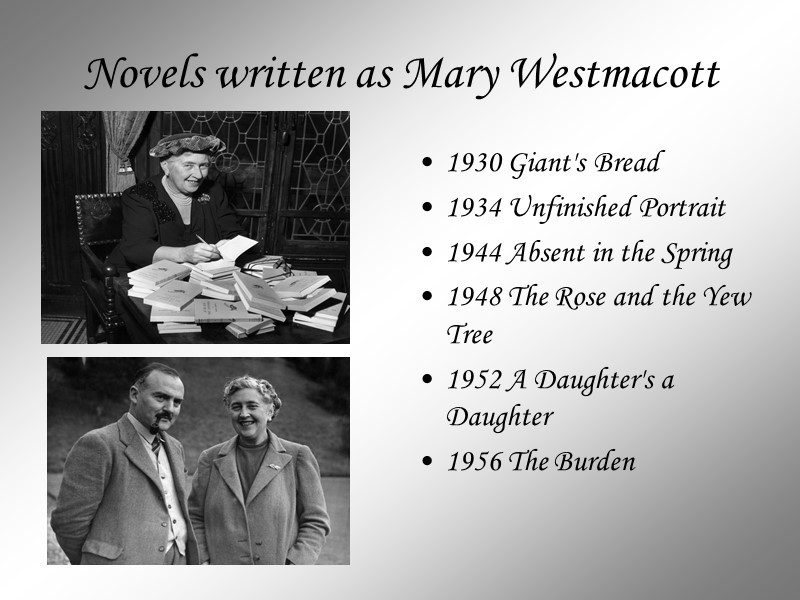 Novels written as Mary Westmacott 1930 Giant's Bread 1934 Unfinished Portrait 1944 Absent in